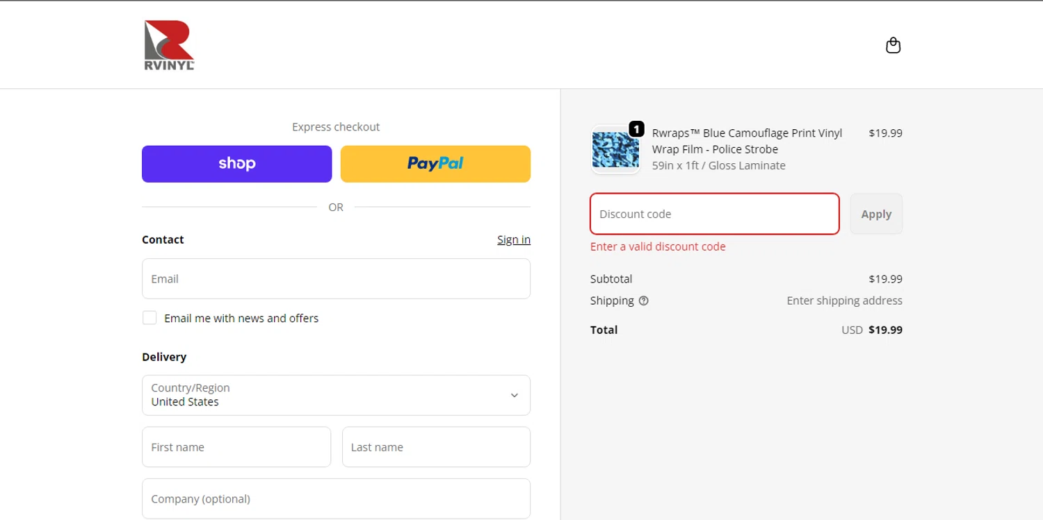 Rvinyl promo code screenshot showing code 5off applied at Rvinyl checkout page. Uploaded by SimplyCodes community member HUNTER1406 on Feb 24, 2026