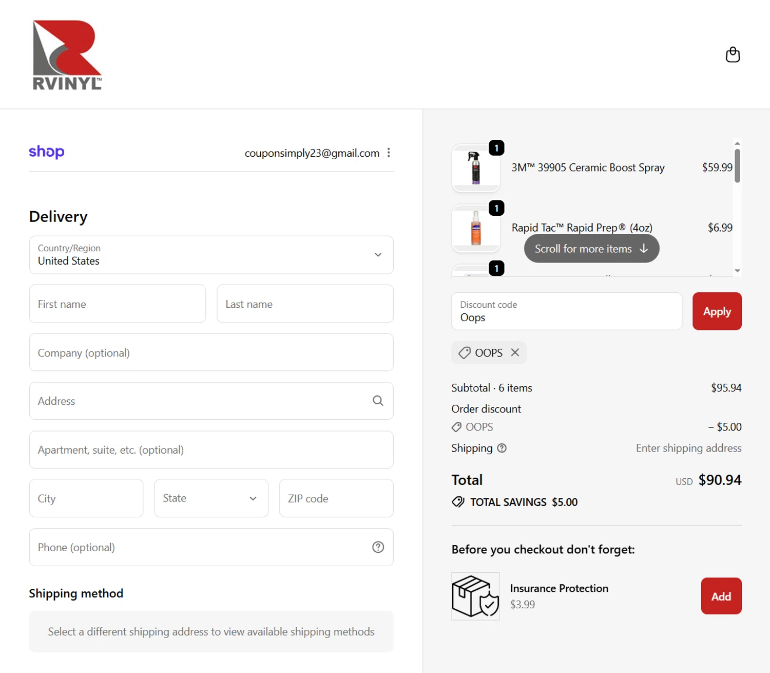 Rvinyl coupon code screenshot showing code Oops applied at Rvinyl checkout page. Uploaded by SimplyCodes community member IsabellaMillan on Nov 19, 2025