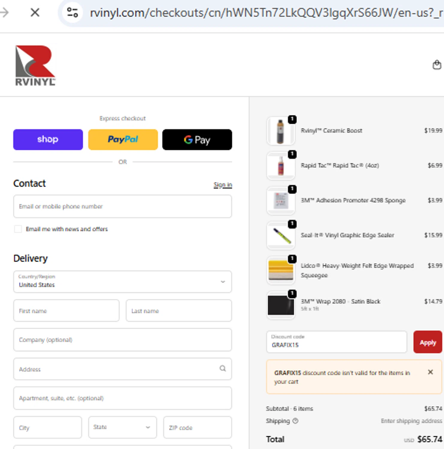 Rvinyl coupon code screenshot showing code GRAFIX15 applied at Rvinyl checkout page. Uploaded by SimplyCodes community member PennyOwl2559 on Nov 19, 2025