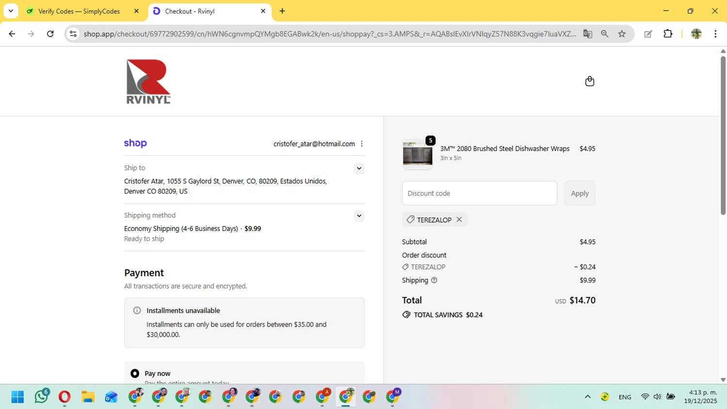 Rvinyl checkout page showing Rvinyl coupon code box | Screenshot taken by SimplyCodes community member on Dec 19, 2025