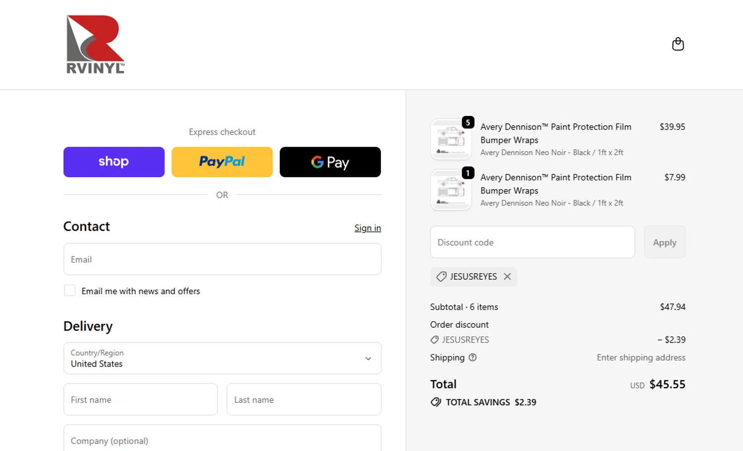 Rvinyl coupon code screenshot showing code JESUSREYES applied at Rvinyl checkout page. Uploaded by SimplyCodes community member Jesusreyes27 on Dec 22, 2025