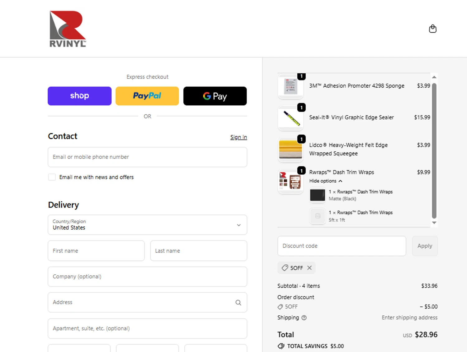 Rvinyl coupon code screenshot showing code 5OFF applied at Rvinyl checkout page. Uploaded by SimplyCodes community member ashe1986 on Nov 19, 2025