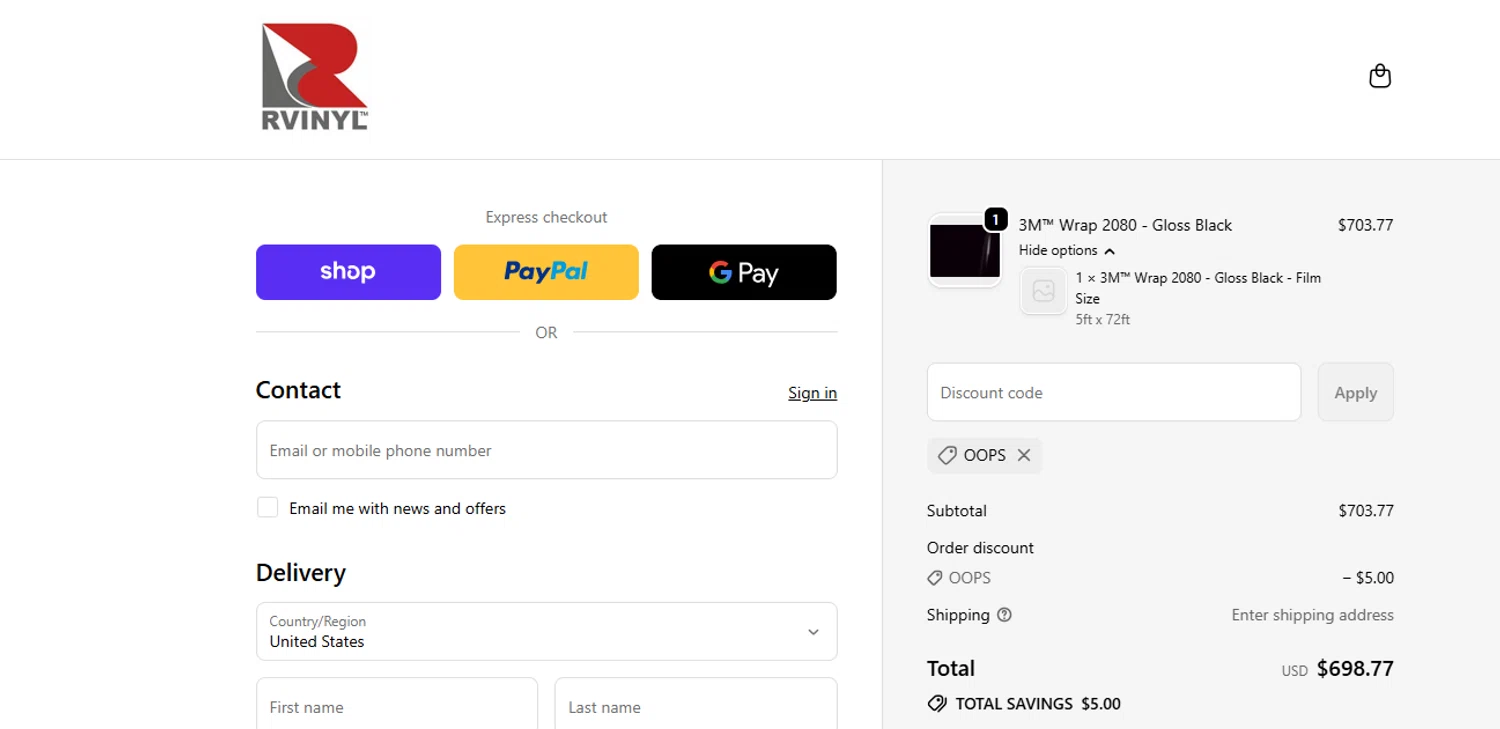 Rvinyl coupon code screenshot showing code OOPS applied at Rvinyl checkout page. Uploaded by SimplyCodes community member ashe1986 on Sep 24, 2025