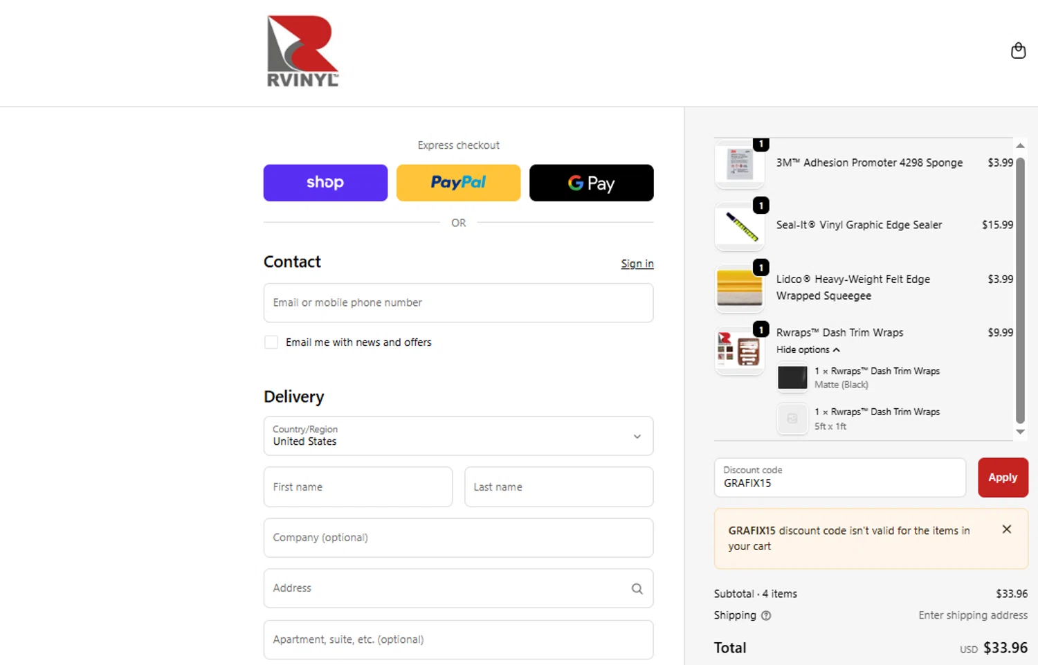Rvinyl coupon code screenshot showing code GRAFIX15 applied at Rvinyl checkout page. Uploaded by SimplyCodes community member ashe1986 on Nov 19, 2025