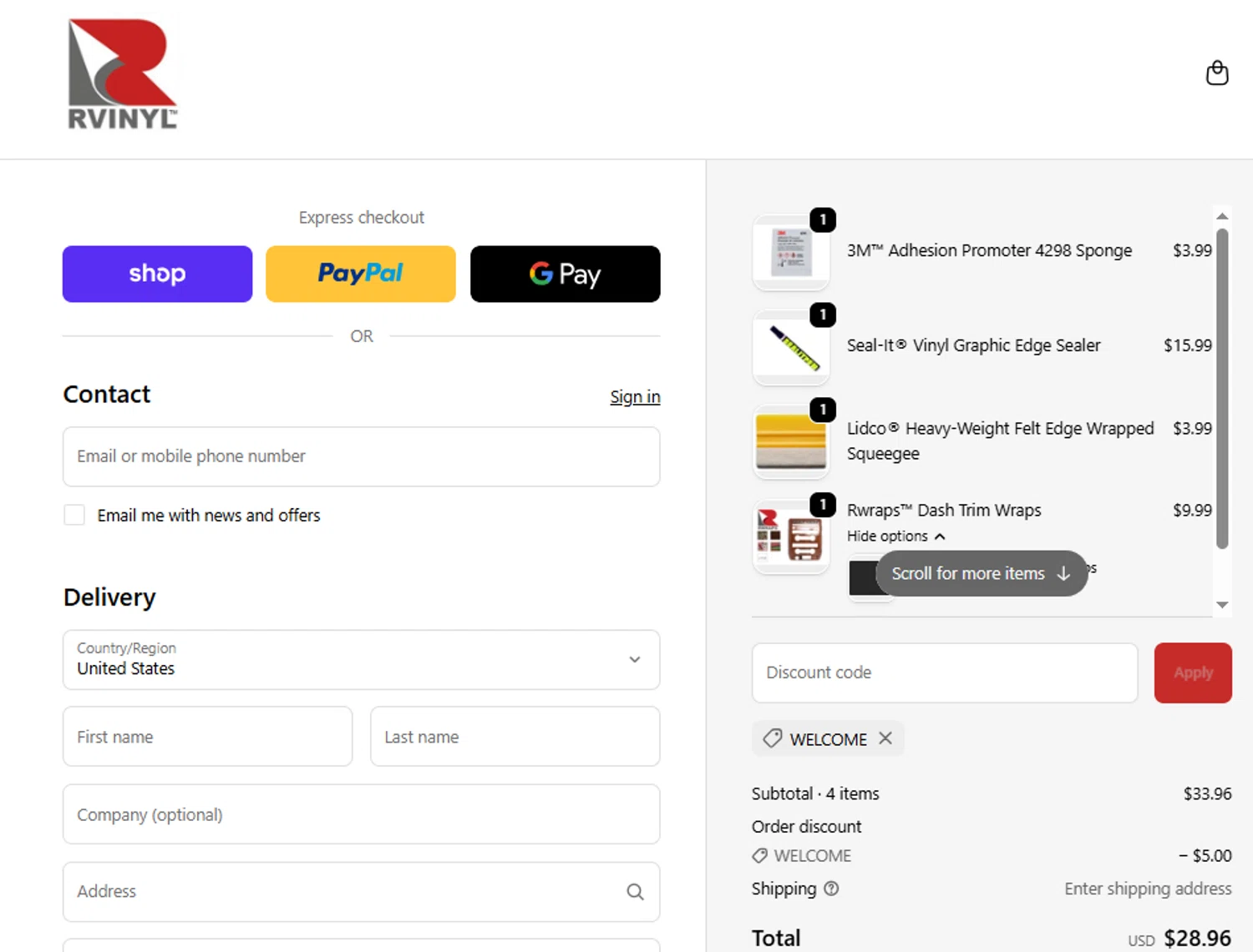 Rvinyl coupon code screenshot showing code WELCOME applied at Rvinyl checkout page. Uploaded by SimplyCodes community member ashe1986 on Nov 19, 2025