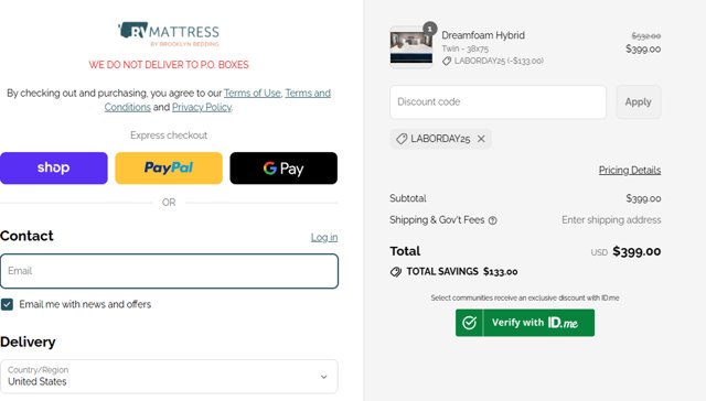 RV Mattress checkout page showing RV Mattress discount code box | Screenshot taken by SimplyCodes community member on Sep 5, 2025