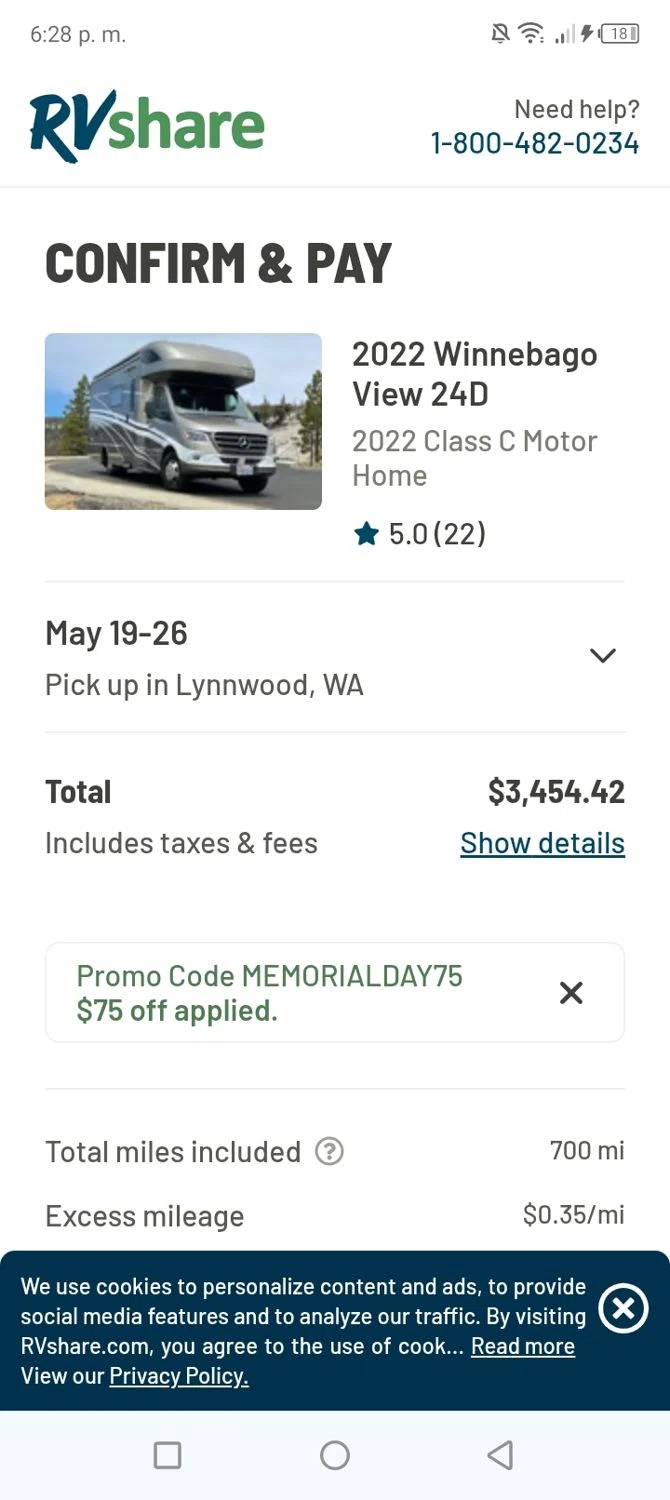RVShare promo code screenshot showing code Memorialday75 applied at RVShare checkout page. Uploaded by SimplyCodes community member BonusVoyager4214 on May 14, 2026