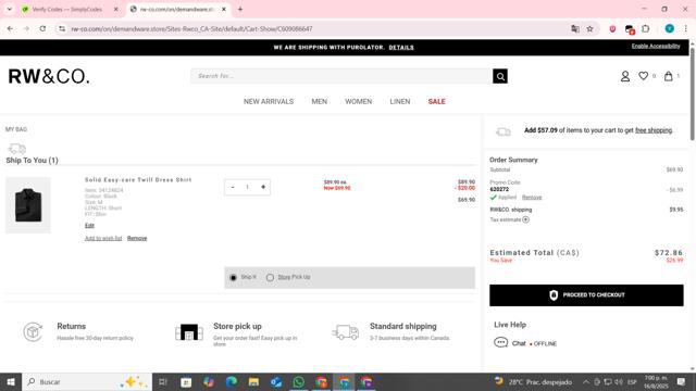 RW & CO checkout page showing RW & CO promo code box | Screenshot taken by SimplyCodes community member on Aug 16, 2025