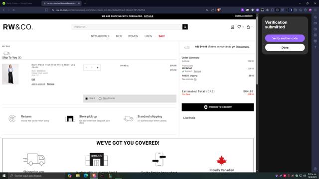 RW & CO checkout page showing RW & CO promo code box | Screenshot taken by SimplyCodes community member on Aug 18, 2025
