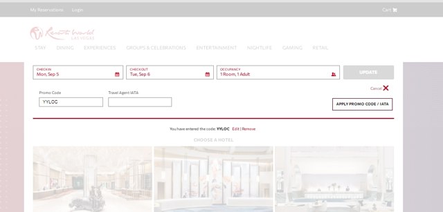 Resorts World Las Vegas checkout page showing Resorts World Las Vegas promo code box | Screenshot taken by SimplyCodes community member on Sep 5, 2022