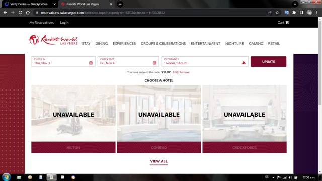 Resorts World Las Vegas checkout page showing Resorts World Las Vegas promo code box | Screenshot taken by SimplyCodes community member on Nov 2, 2022