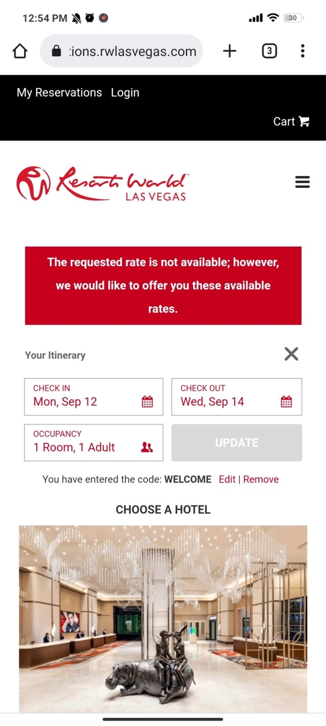 Resorts World Las Vegas checkout page showing Resorts World Las Vegas promo code box | Screenshot taken by SimplyCodes community member on Sep 12, 2022