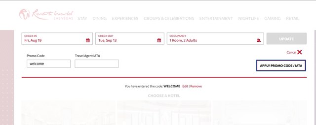 Resorts World Las Vegas checkout page showing Resorts World Las Vegas promo code box | Screenshot taken by SimplyCodes community member on Aug 14, 2022