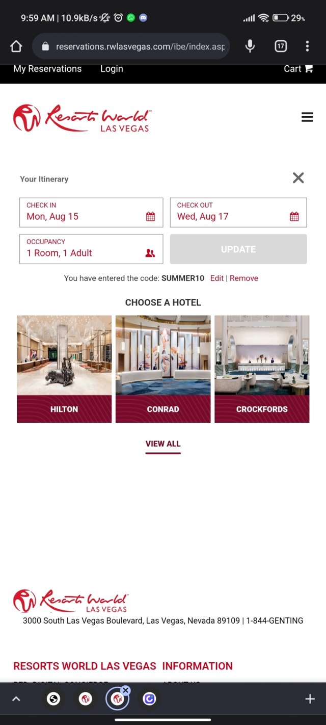 Resorts World Las Vegas checkout page showing Resorts World Las Vegas promo code box | Screenshot taken by SimplyCodes community member on Aug 15, 2022