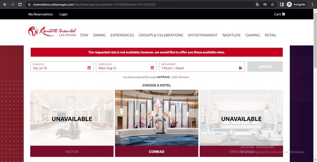 Resorts World Las Vegas checkout page showing Resorts World Las Vegas promo code box | Screenshot taken by SimplyCodes community member on Jul 16, 2022