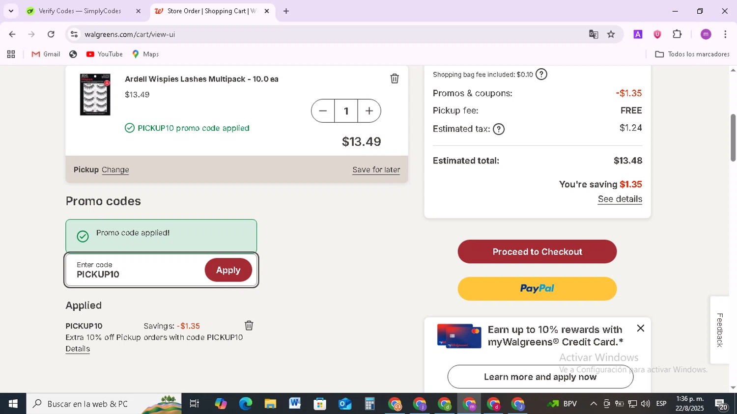 Walgreens coupon code screenshot showing code PICKUP10 applied at Walgreens checkout page. Uploaded by SimplyCodes community member BudgetMonarch8952 on Aug 22, 2025