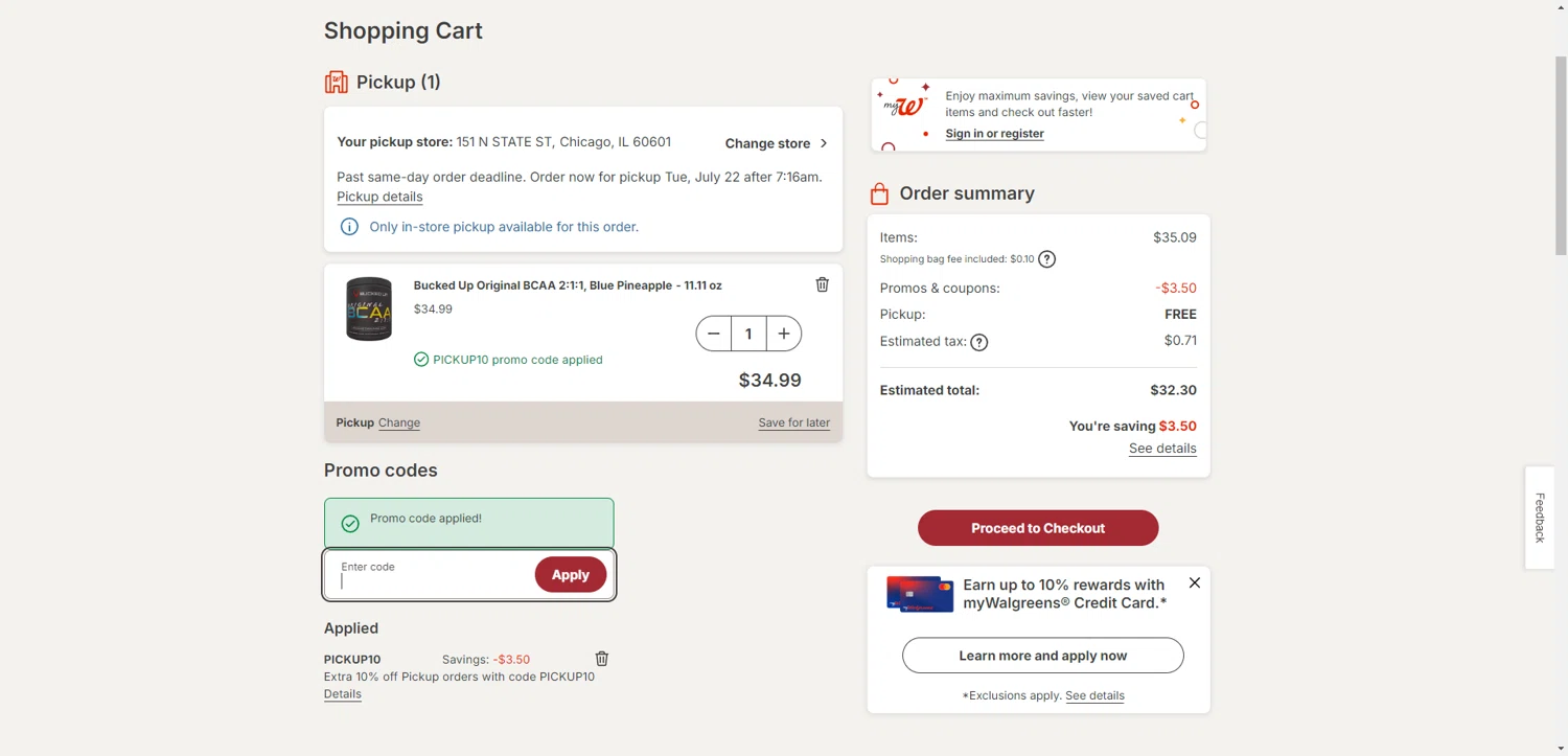 Walgreens coupon code screenshot showing code PICKUP10 applied at Walgreens checkout page. Uploaded by SimplyCodes community member CrownTiger6508 on Jul 22, 2025