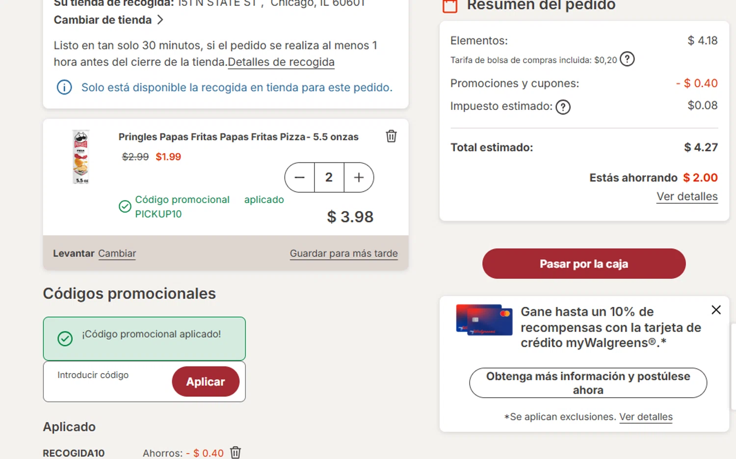 Walgreens coupon code screenshot showing code PICKUP10 applied at Walgreens checkout page. Uploaded by SimplyCodes community member Eliaslpz on Aug 12, 2025