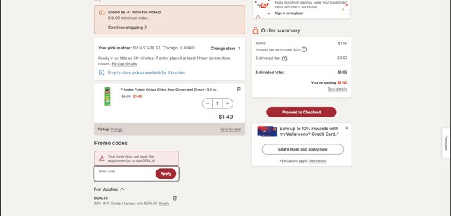 Walgreens checkout page showing Walgreens coupon code box | Screenshot taken by SimplyCodes community member on Aug 22, 2025