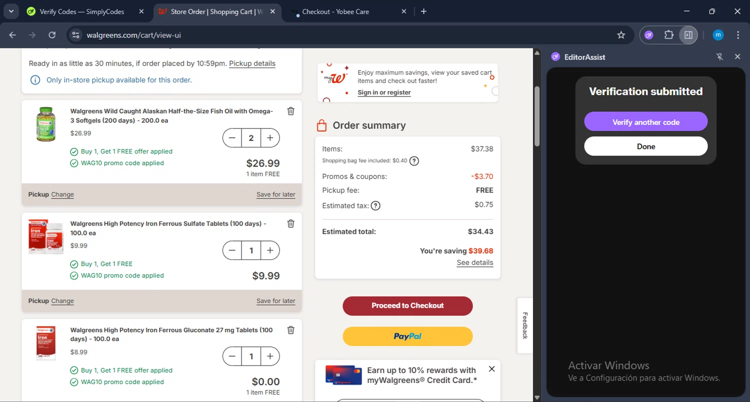 Walgreens coupon code screenshot showing code WAG10 applied at Walgreens checkout page. Uploaded by SimplyCodes community member LuckyWarden9122 on Aug 27, 2025