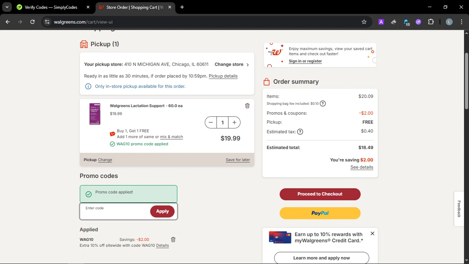 Walgreens coupon code screenshot showing code WAG10 applied at Walgreens checkout page. Uploaded by SimplyCodes community member SmartScholar9589 on Jul 13, 2025