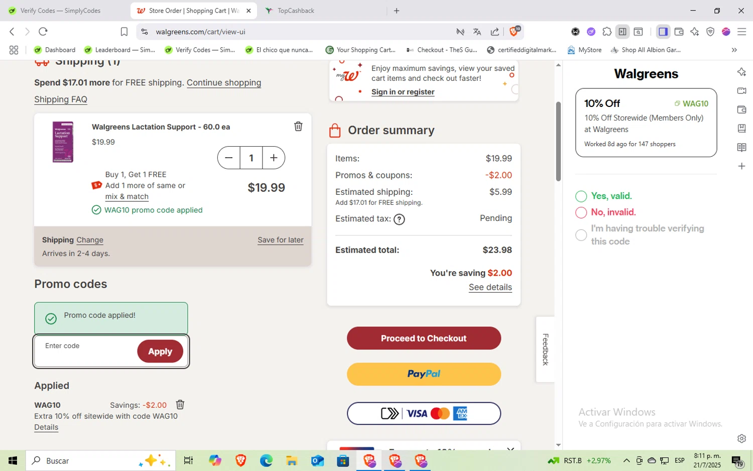 Walgreens coupon code screenshot showing code WAG10 applied at Walgreens checkout page. Uploaded by SimplyCodes community member holaquetal on Jul 22, 2025
