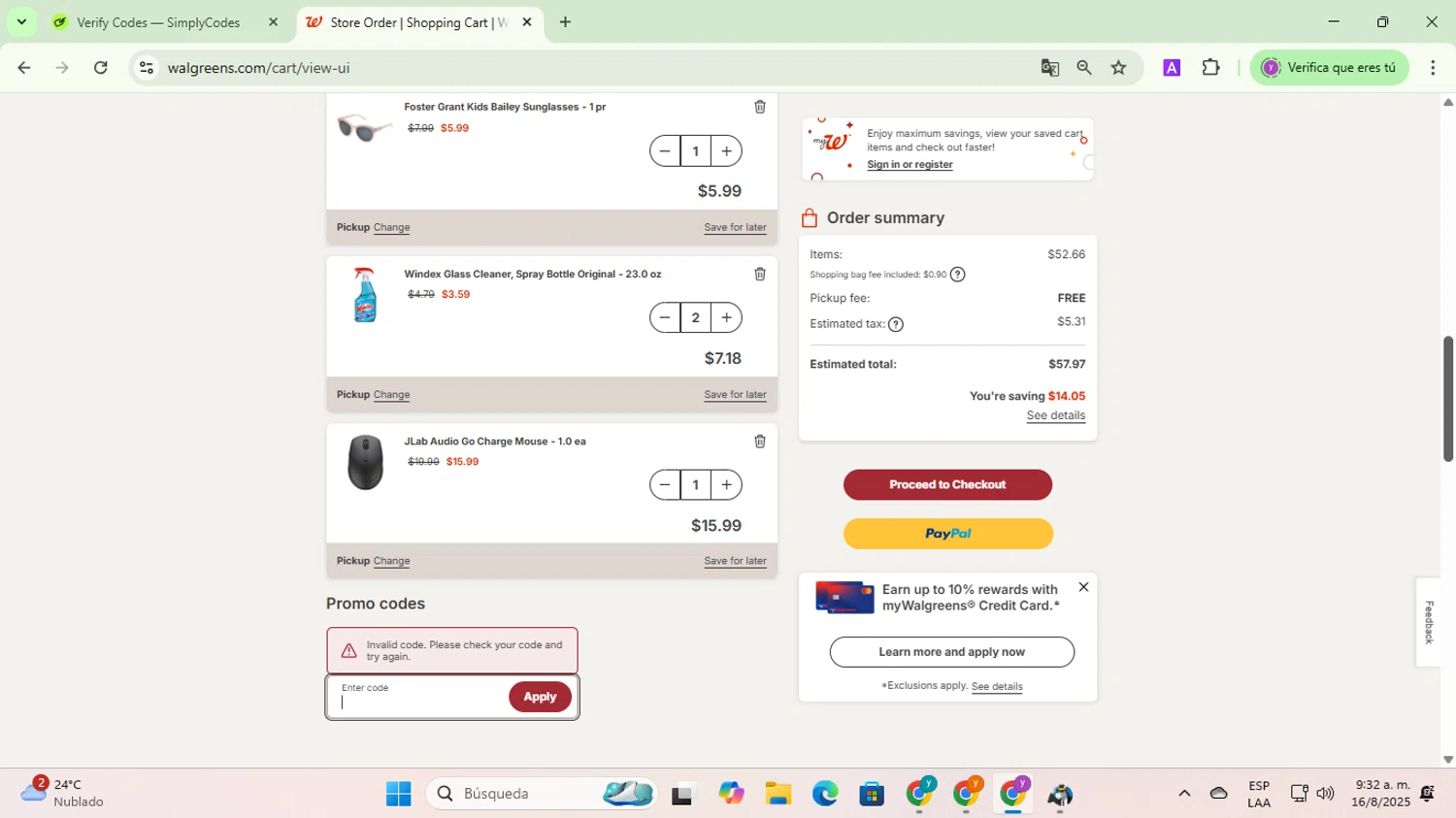 Walgreens coupon code screenshot showing code AUG15 applied at Walgreens checkout page. Uploaded by SimplyCodes community member jesusalvarez1 on Aug 16, 2025