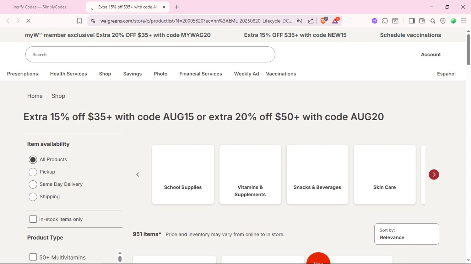 Walgreens coupon code screenshot showing code AUG20 applied at Walgreens checkout page. Uploaded by SimplyCodes community member DiscountSentinel4513 on Aug 27, 2025