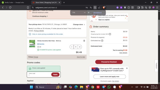 Walgreens checkout page showing Walgreens coupon code box | Screenshot taken by SimplyCodes community member on Aug 21, 2025