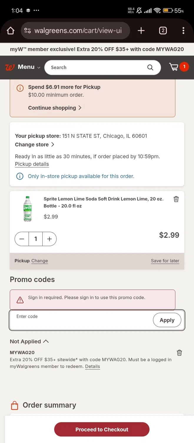 Walgreens coupon code screenshot showing code MYWAG20 applied at Walgreens checkout page. Uploaded by SimplyCodes community member Bjhfuhdf on Aug 28, 2025