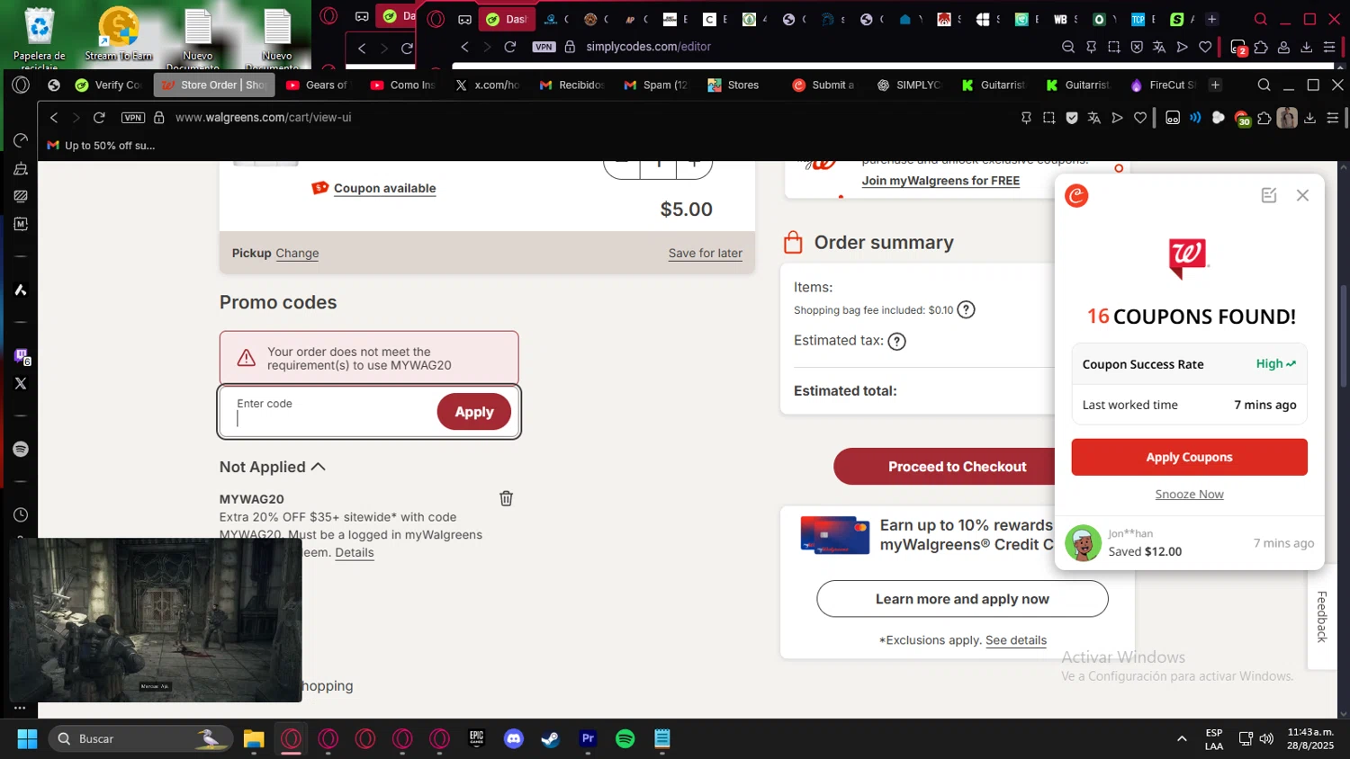 Walgreens coupon code screenshot showing code MYWAG20 applied at Walgreens checkout page. Uploaded by SimplyCodes community member kurcovein on Aug 28, 2025