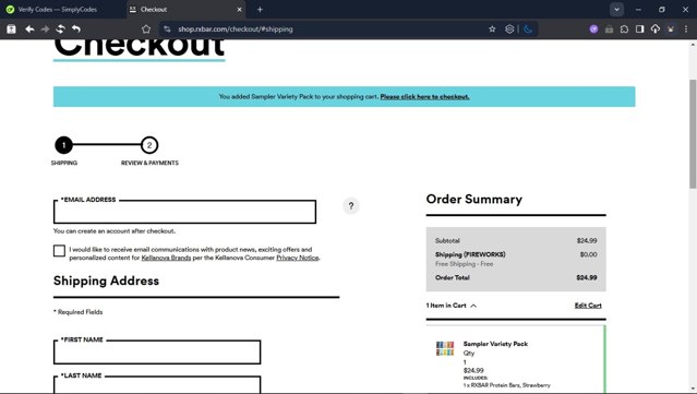 RXBAR checkout page showing RXBAR discount code box | Screenshot taken by SimplyCodes community member on Jul 19, 2025