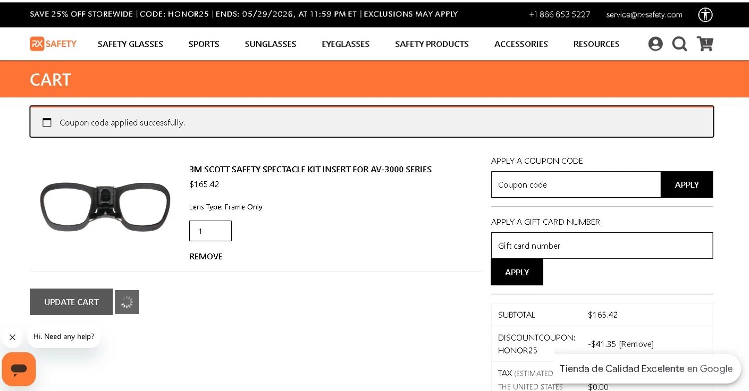 Rx-Safety promo code screenshot showing code HONOR25 applied at Rx-Safety checkout page. Uploaded by SimplyCodes community member LAMINEJAMAL on May 23, 2026