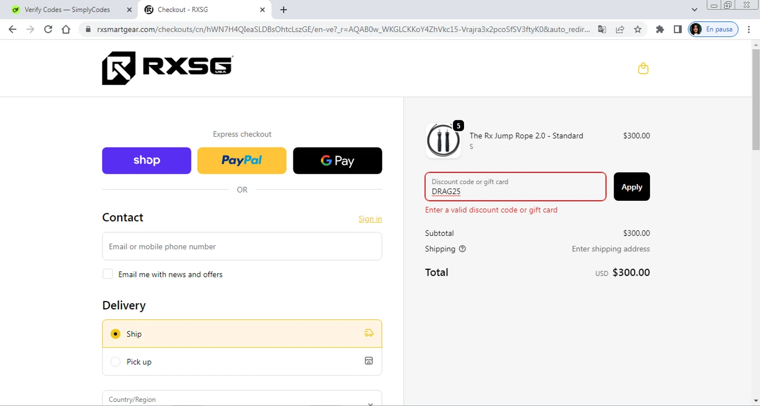 Rx Smart Gear discount code screenshot showing code DRAG25 applied at Rx Smart Gear checkout page. Uploaded by SimplyCodes community member PrimeAdmiral8733 on Jan 6, 2026