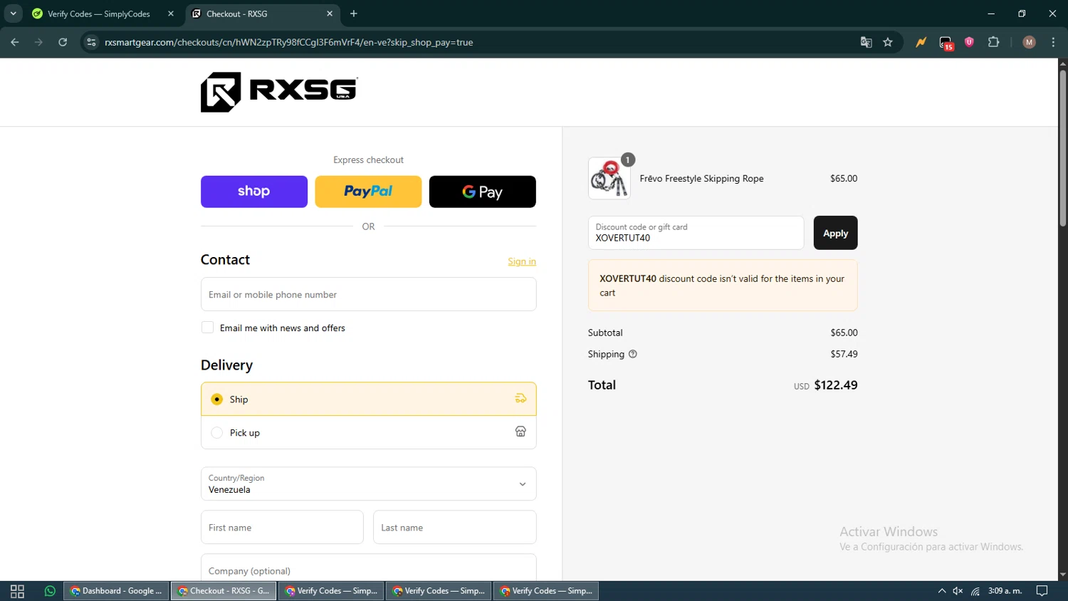 Rx Smart Gear discount code screenshot showing code XOVERTUT40 applied at Rx Smart Gear checkout page. Uploaded by SimplyCodes community member DiscountTitan4635 on Sep 15, 2025
