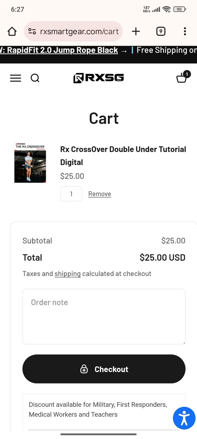Rx Smart Gear discount code screenshot showing code XOVERTUT40 applied at Rx Smart Gear checkout page. Uploaded by SimplyCodes community member Esteban on Sep 19, 2025