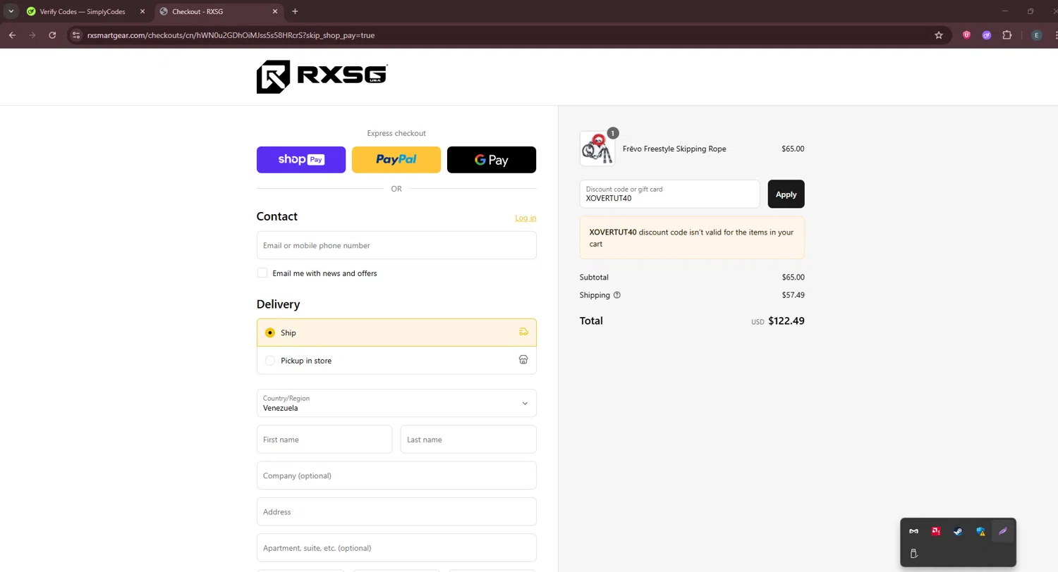 Rx Smart Gear discount code screenshot showing code XOVERTUT40 applied at Rx Smart Gear checkout page. Uploaded by SimplyCodes community member GloriousPioneer2942 on Jul 22, 2025