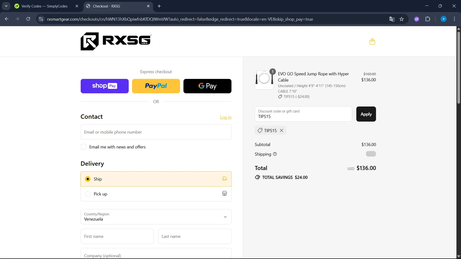 Rx Smart Gear discount code screenshot showing code TIPS15 applied at Rx Smart Gear checkout page. Uploaded by SimplyCodes community member WiseHawk9255 on Jul 26, 2025
