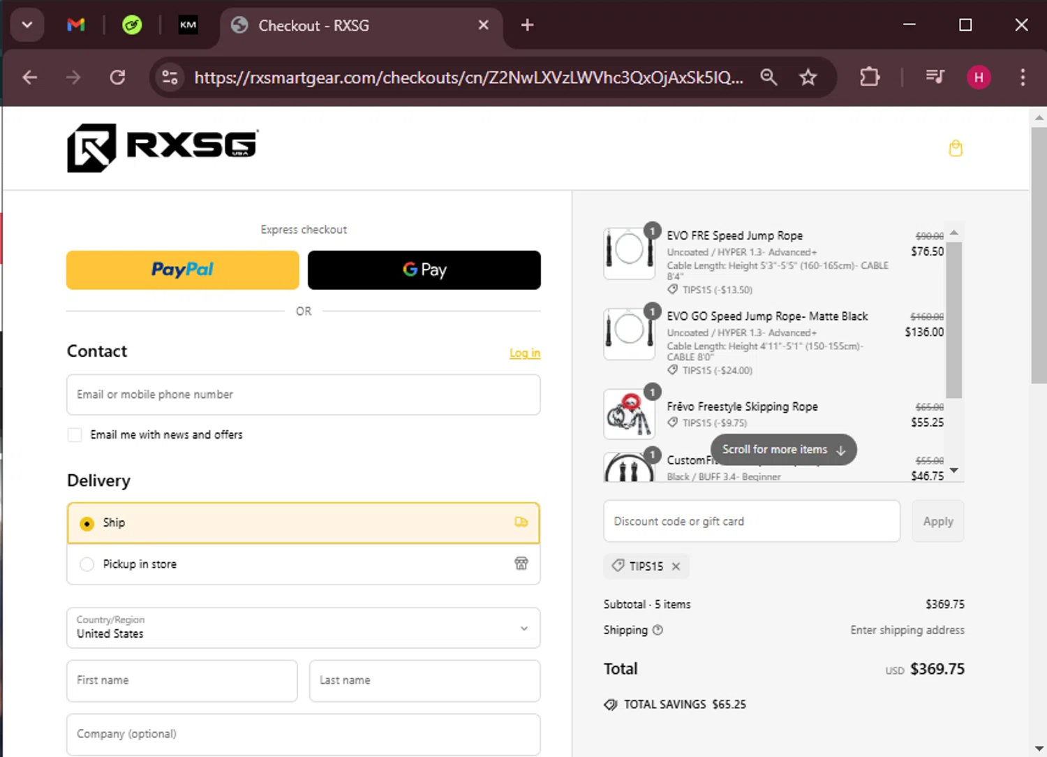 Rx Smart Gear discount code screenshot showing code TIPS15 applied at Rx Smart Gear checkout page. Uploaded by SimplyCodes community member RewardWarden8289 on Mar 4, 2025