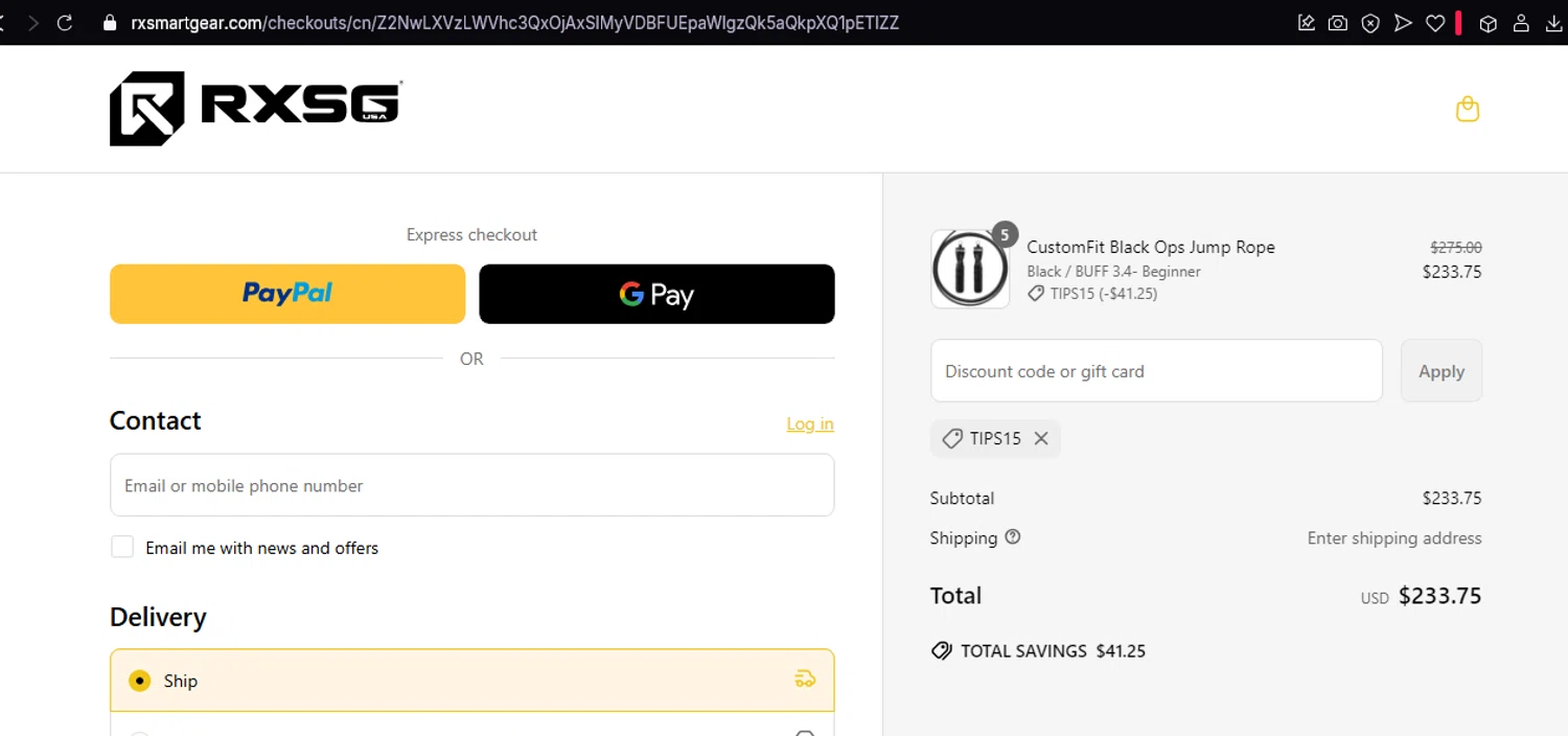 Rx Smart Gear discount code screenshot showing code TIPS15 applied at Rx Smart Gear checkout page. Uploaded by SimplyCodes community member THEPEKET on Apr 17, 2025