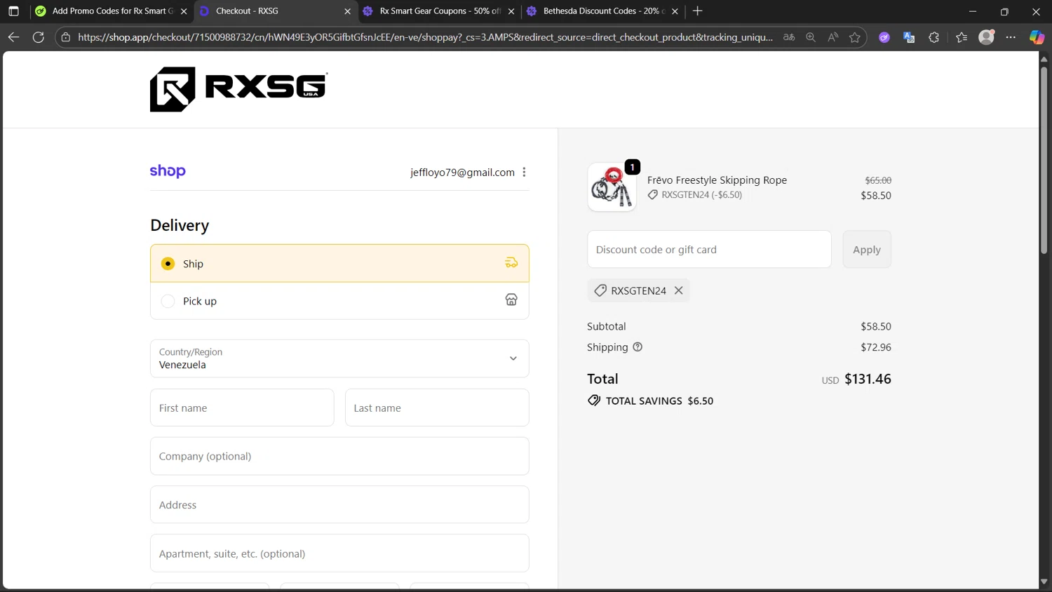 Rx Smart Gear discount code screenshot showing code RXSGTEN24 applied at Rx Smart Gear checkout page. Uploaded by SimplyCodes community member MightyHunter5940 on Oct 15, 2025