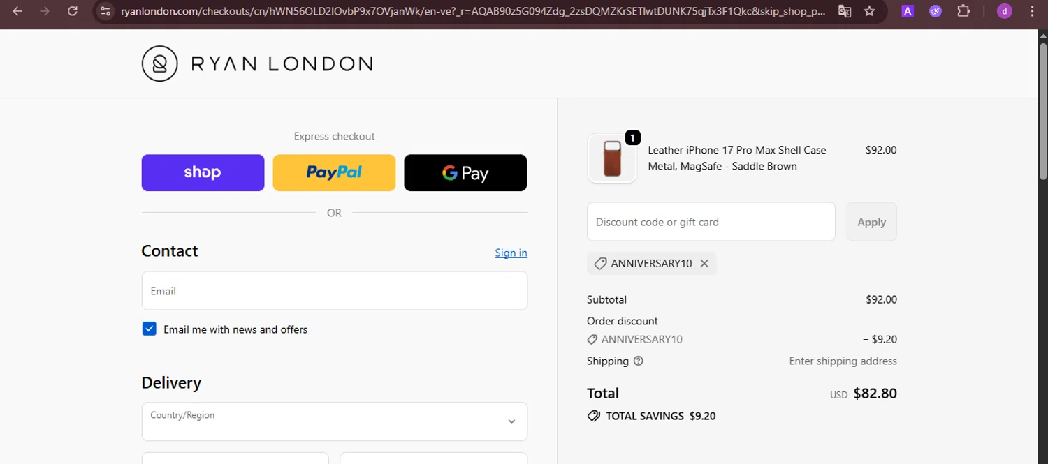 Ryan London discount code screenshot showing code ANNIVERSARY10 applied at Ryan London checkout page. Uploaded by SimplyCodes community member PennyTiger4891 on Nov 9, 2025