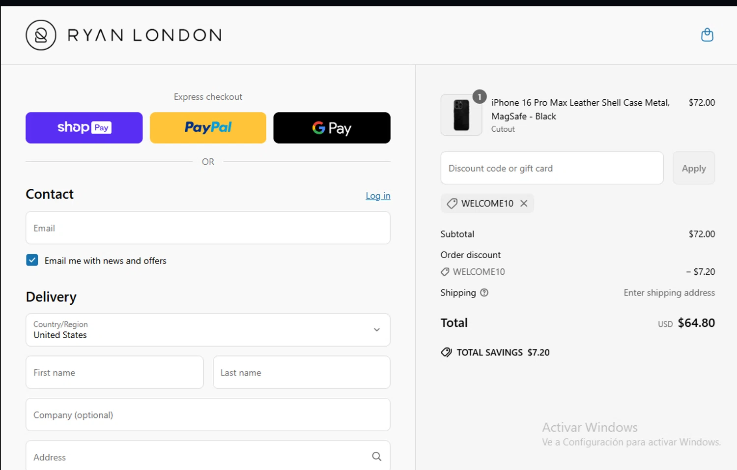 Ryan London discount code screenshot showing code Welcome10 applied at Ryan London checkout page. Uploaded by SimplyCodes community member Lestara_23 on May 28, 2025