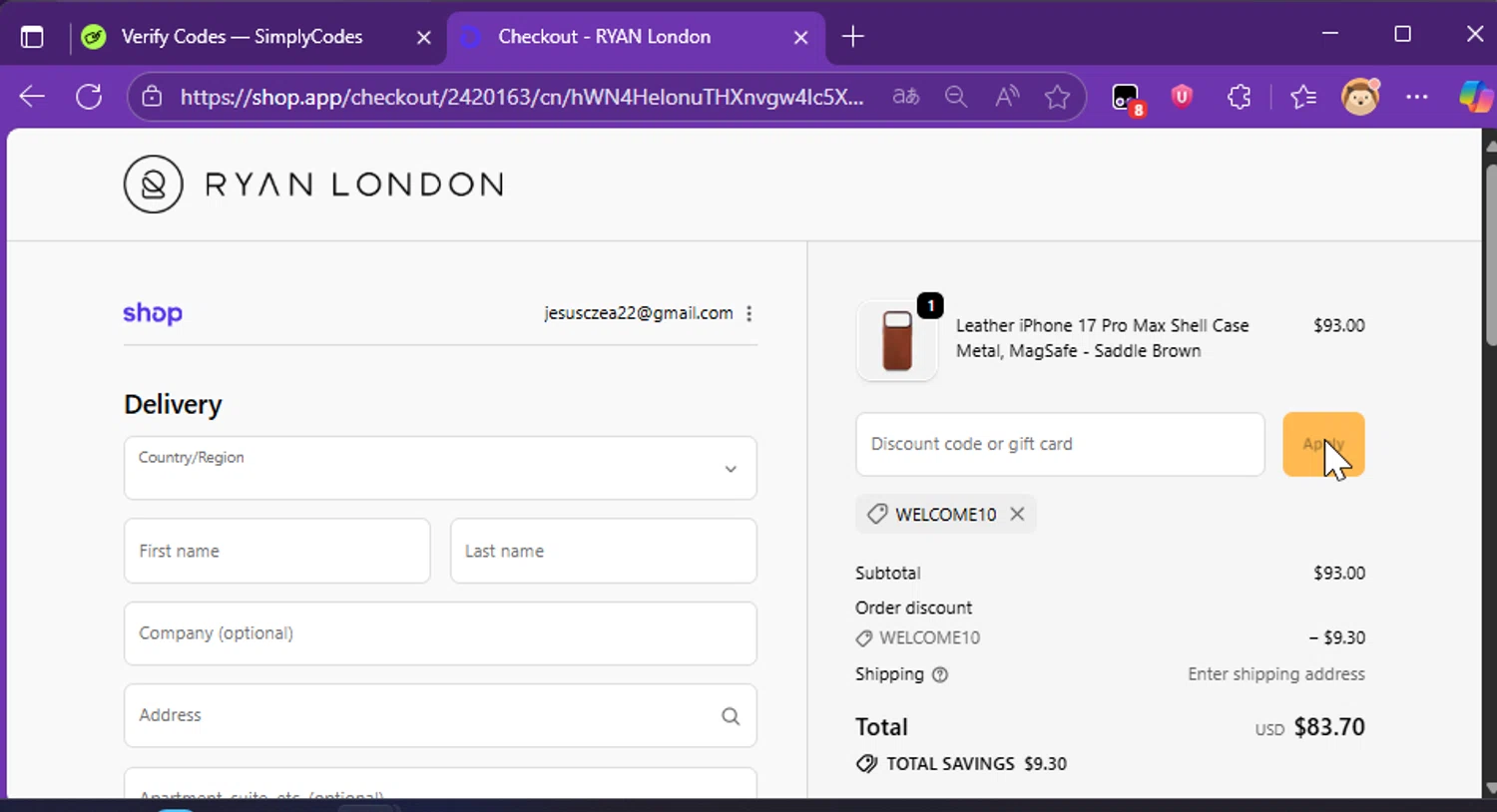 Ryan London discount code screenshot showing code Welcome10 applied at Ryan London checkout page. Uploaded by SimplyCodes community member Raibelys_18 on Oct 19, 2025