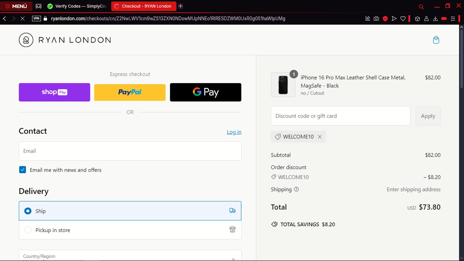Ryan London discount code screenshot showing code Welcome10 applied at Ryan London checkout page. Uploaded by SimplyCodes community member jdecxxx on Feb 15, 2025