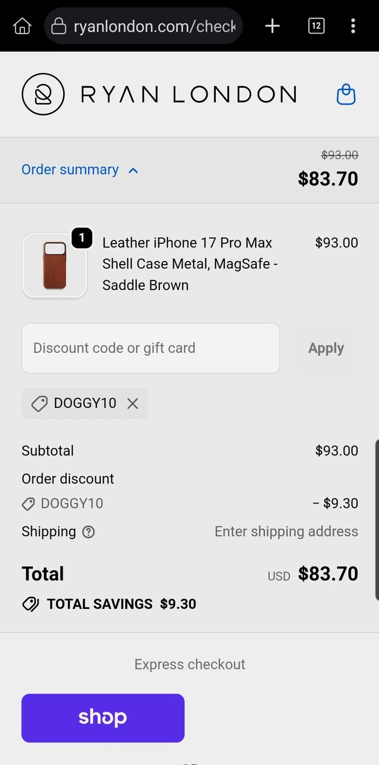 Ryan London discount code screenshot showing code DOGGY10 applied at Ryan London checkout page. Uploaded by SimplyCodes community member Carloslvz on Oct 7, 2025