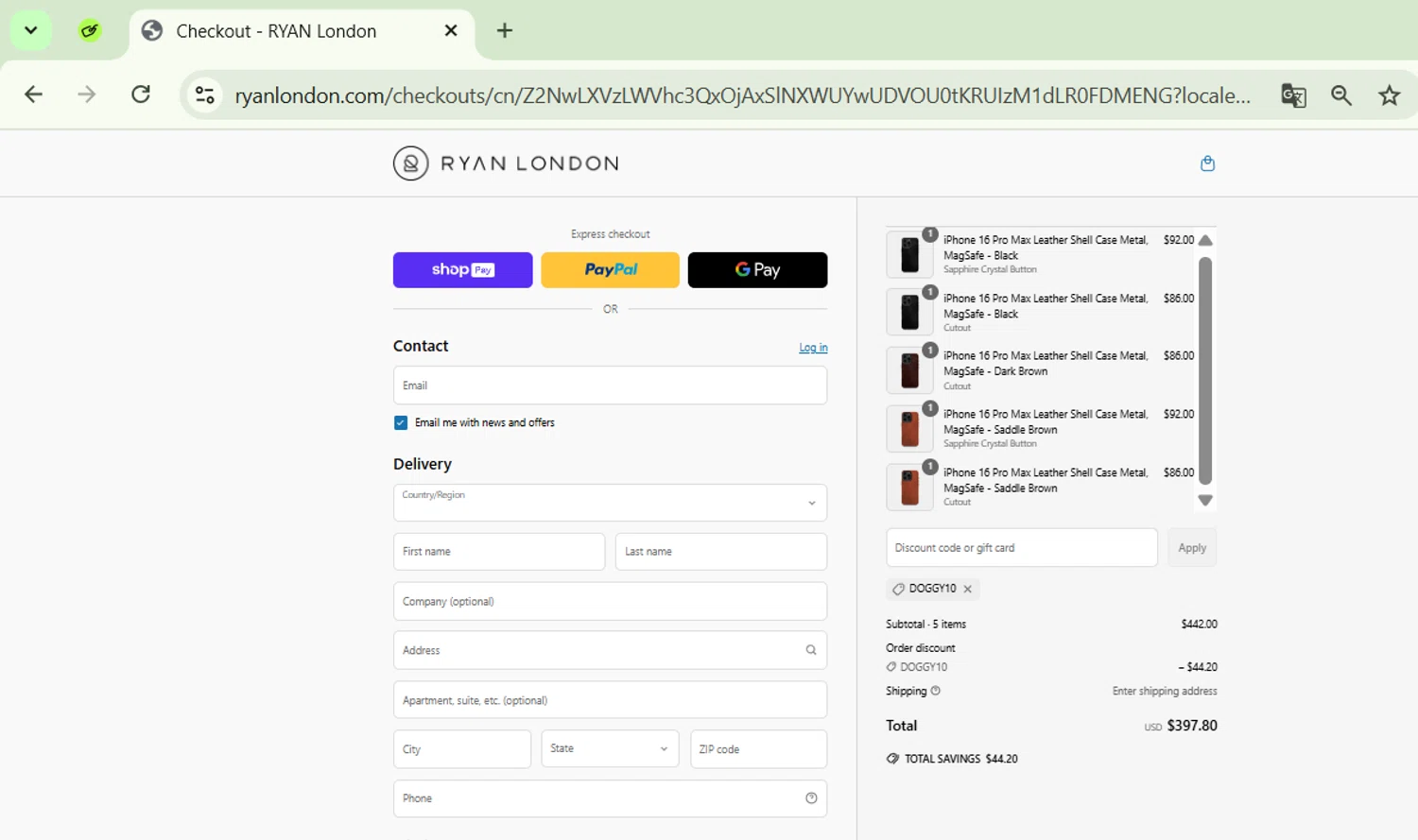 Ryan London discount code screenshot showing code DOGGY10 applied at Ryan London checkout page. Uploaded by SimplyCodes community member SavingsPhoenix2740 on Apr 28, 2025