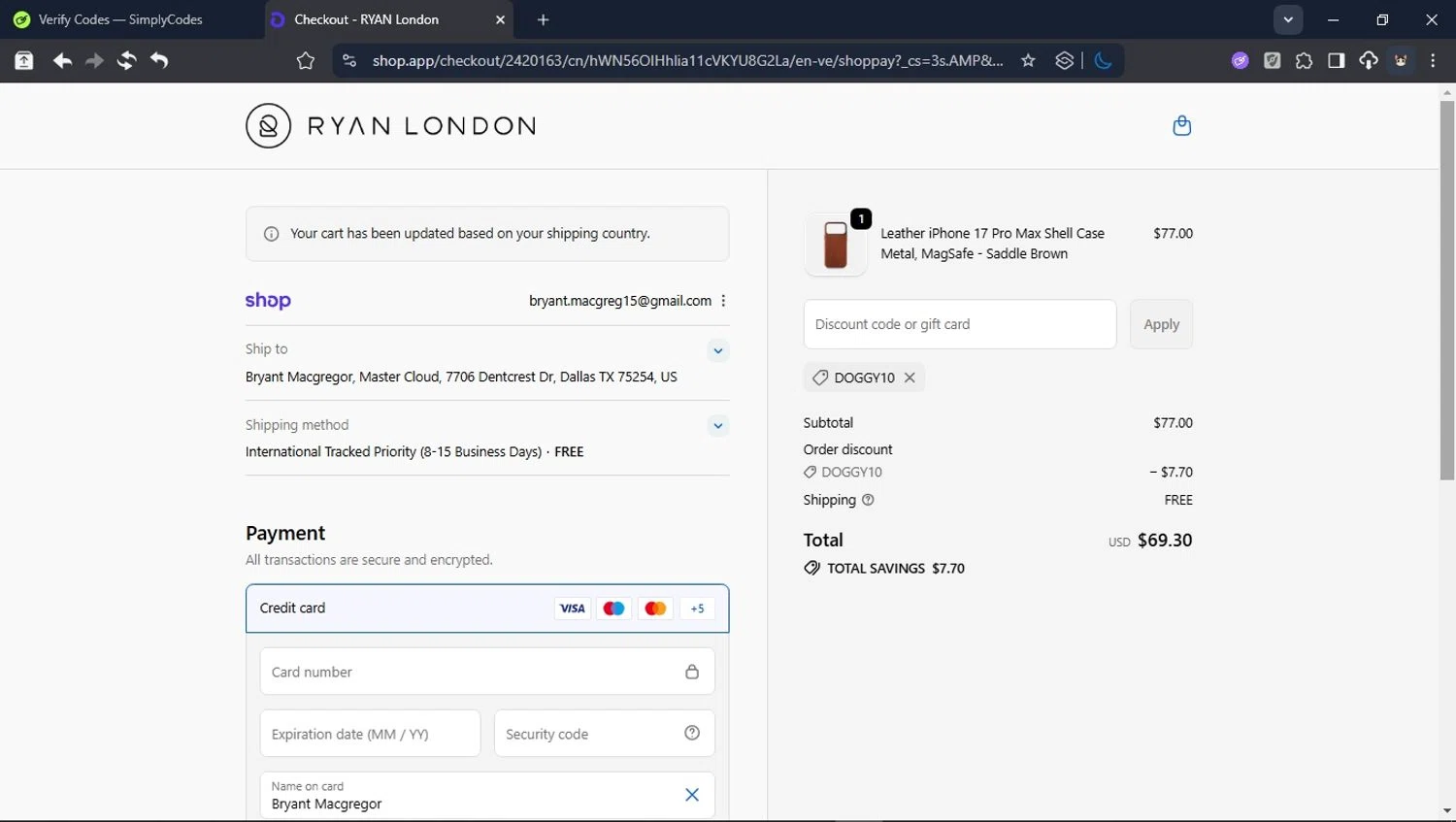 Ryan London discount code screenshot showing code DOGGY10 applied at Ryan London checkout page. Uploaded by SimplyCodes community member ValiantHunter5929 on Nov 9, 2025
