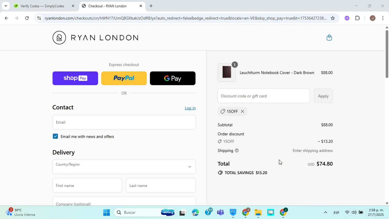 Ryan London discount code screenshot showing code 15OFF applied at Ryan London checkout page. Uploaded by SimplyCodes community member ABHF23 on Jul 27, 2025