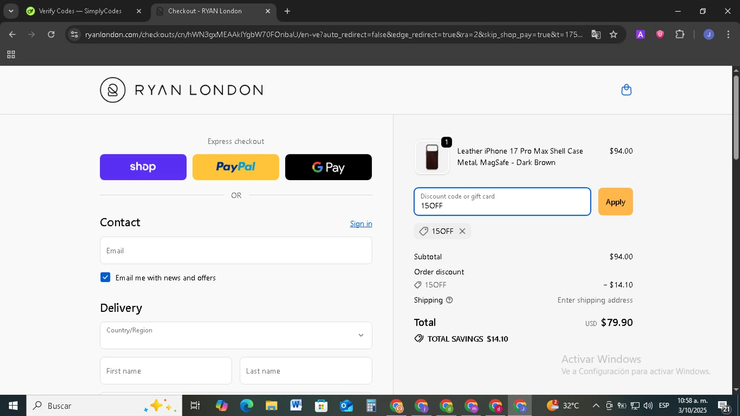 Ryan London discount code screenshot showing code 15OFF applied at Ryan London checkout page. Uploaded by SimplyCodes community member EpicSage3474 on Oct 3, 2025